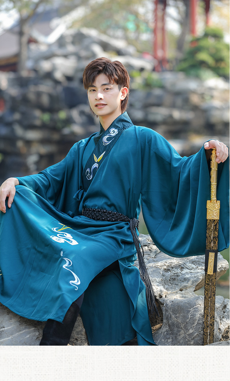 实拍原创汉服男士复古中国风儒雅汉元素刺绣祥云金竹改良交领长袍