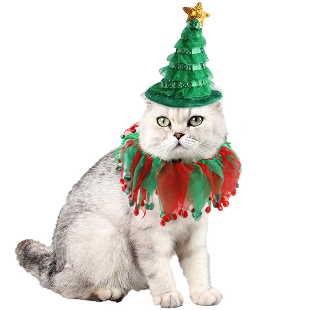 2023 Cross-Border Spot New Pet Christmas Day Hat Scarf Set Cat Hat Collar Ornament