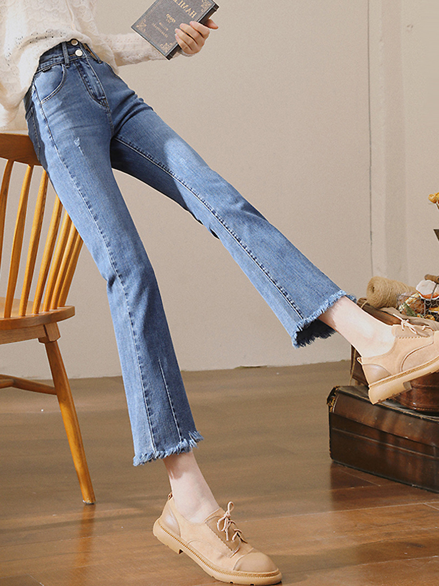 微喇牛仔裤女2021年新款春秋季直筒女裤高腰修身显瘦九分喇叭裤子