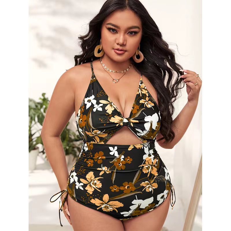 2022 New European and American Amazon One-Piece Fat Woman Large Size Bikini Printed Push up Hollow-out Tight Swimsuit for Women
