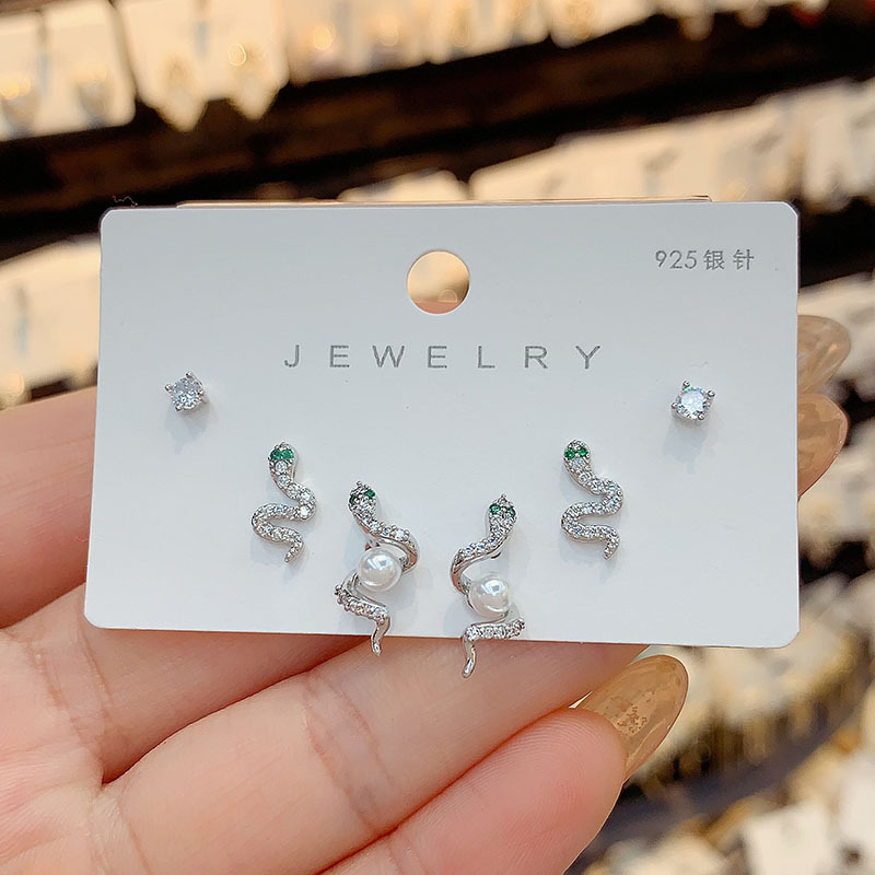 s925银针微镶蛇形珍珠三件套耳钉设计感小众网红组合套装耳环耳饰
