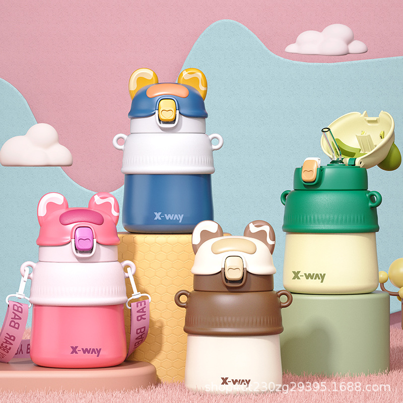 New Children's Stainless Steel Thermos Cup Infants Baby 316 Cup with Straw Men and Women Student's Portable Water Bottle Wholesale