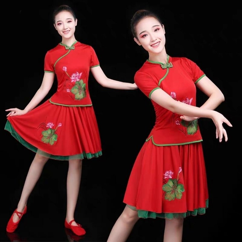 款舞蹈服套装女成人中老年跳舞比赛裙子夏季短袖广场舞服装新