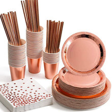 10pcs/Bag Disposable Tableware Paper Plate Straws Rose Gold