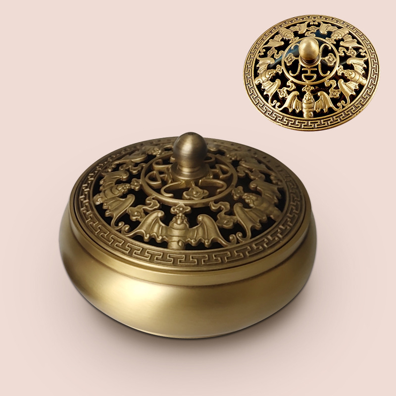 五福临门中国风中式红铜香炉家用供佛茶道室内仿古镂空檀香炉直供