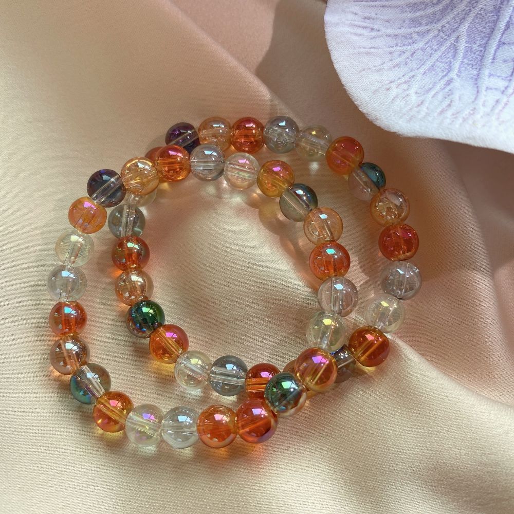 玻璃珠少女弹力手链镀彩七彩串珠手链爆花冰裂效果糖果色极简百搭