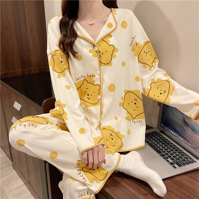 Spring and Autumn Thin Long-Sleeved Pajamas for Women 2024 New Cute Cardigan Homewear Loose Two-Piece Suit for Women