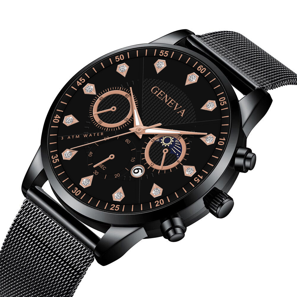 geneva时尚日月星辰镶嵌莱茵石男士网带手表假三眼日历石英表男款