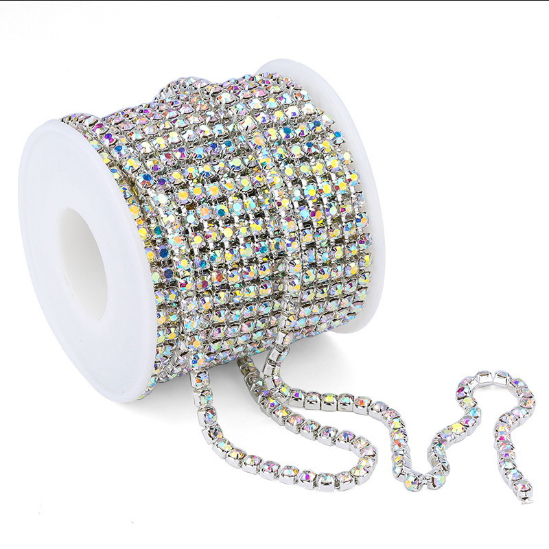 Cross-Border New Supply Metal Rhinestone Grab Chain DIY Ornament Accessories Claw Chain Bead Necklace a Roll of Gold Silver White AB Diamond