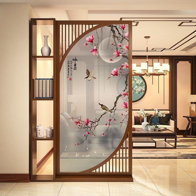 新中式实木镂空隔断屏风入户客厅酒店装饰格栅墙五福临门卧室座屏