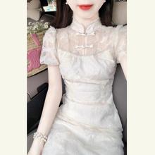 新中式国风改良旗袍白色连衣裙女夏季高级感修身显瘦绝美蕾丝长zb