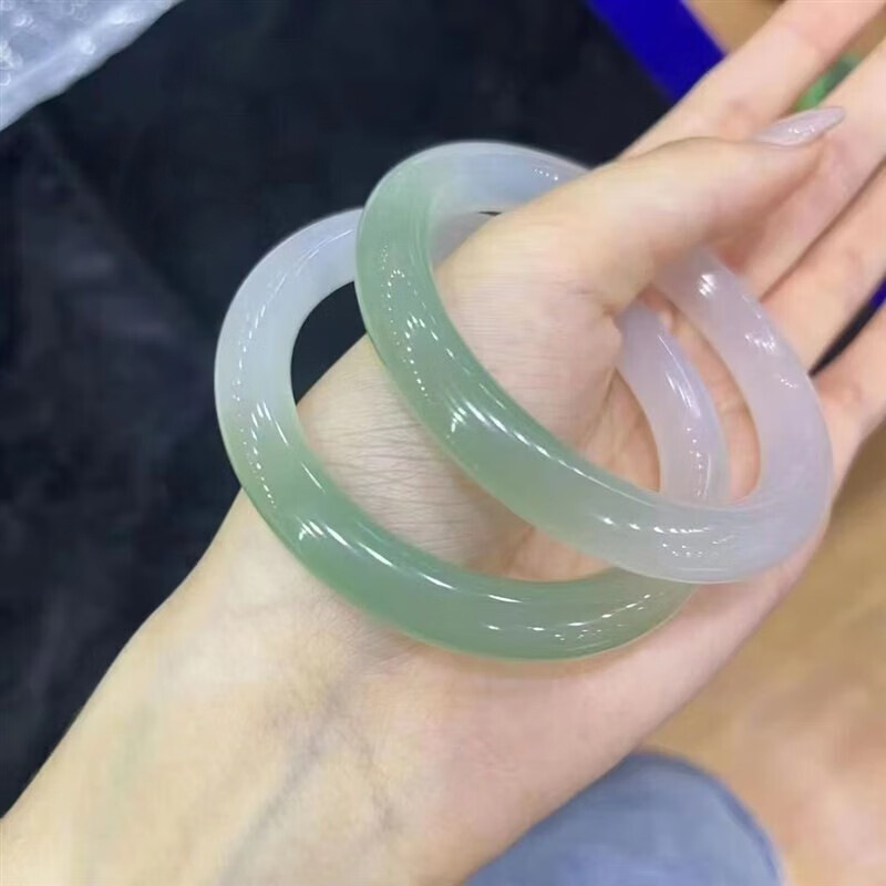 Chalcedony Agate Bracelet Female Half-Mountain Water Ice Transparent Flat Bar Jade Bracelet Lychee Jelly Oil Cyan Gradient Positive Circle Jade Bracelet