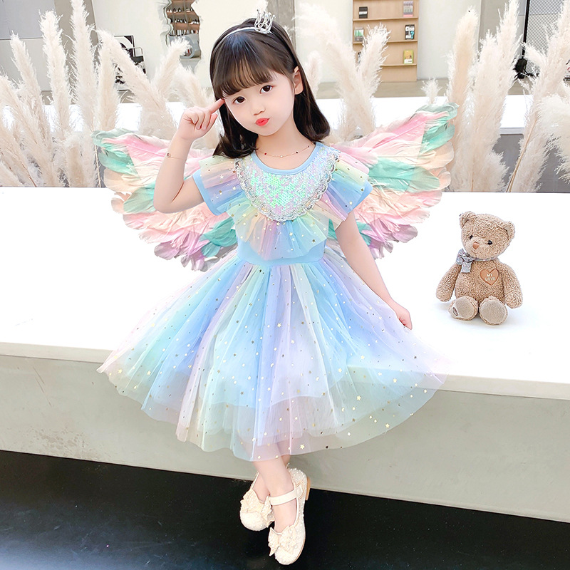 Spring Princess Elsa Dress Girls Autumn Rainbow Long Sleeve Dress Wings Tulle Tutu Unicorn