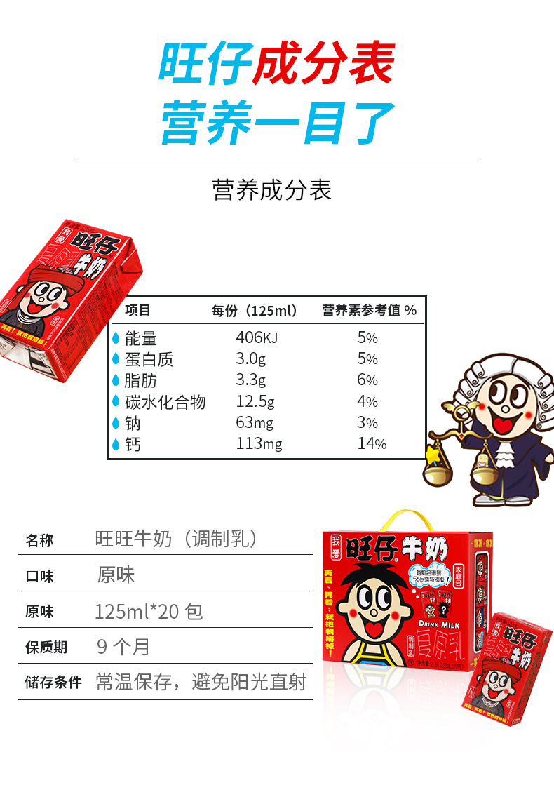 旺仔牛奶125ml*20盒装甜奶早餐儿童饮料学生饮品整箱食品批发