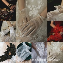 新款黑色婚纱礼服手套短款新娘结婚红色手套婚礼蕾丝女士白色手套