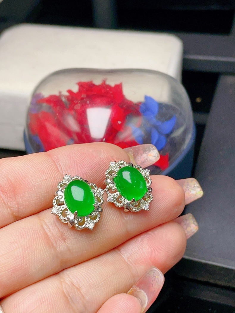 天然新款缅甸老坑翡翠高冰帝王绿男女如意耳钉耳环玉石情侣款耳饰