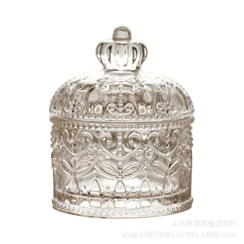 Crown Relief Creative Glass Jar Crystal Vintage Coffee Glass Candy Box Chopsticks Jewelry Cotton Swab Storage Jar with Lid