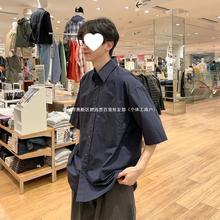 日系藏青色短袖格子衬衫男夏季薄款美式复古vintage衬衣情侣外套