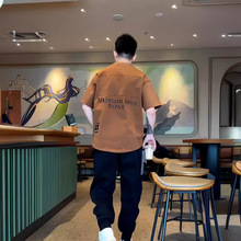 YOUMOU咖啡色复古风个性印花短袖T恤男夏季新款2024年设计感