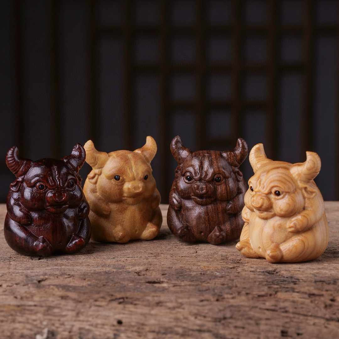 黄金檀牛气冲天手把件可爱木雕胖牛文宠手办生肖牛犀牛紫檀木黑檀