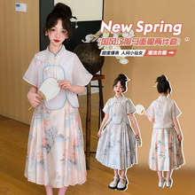 2024夏季新款女童套装汉服夏装中国风水墨画中式马面裙短袖两件套