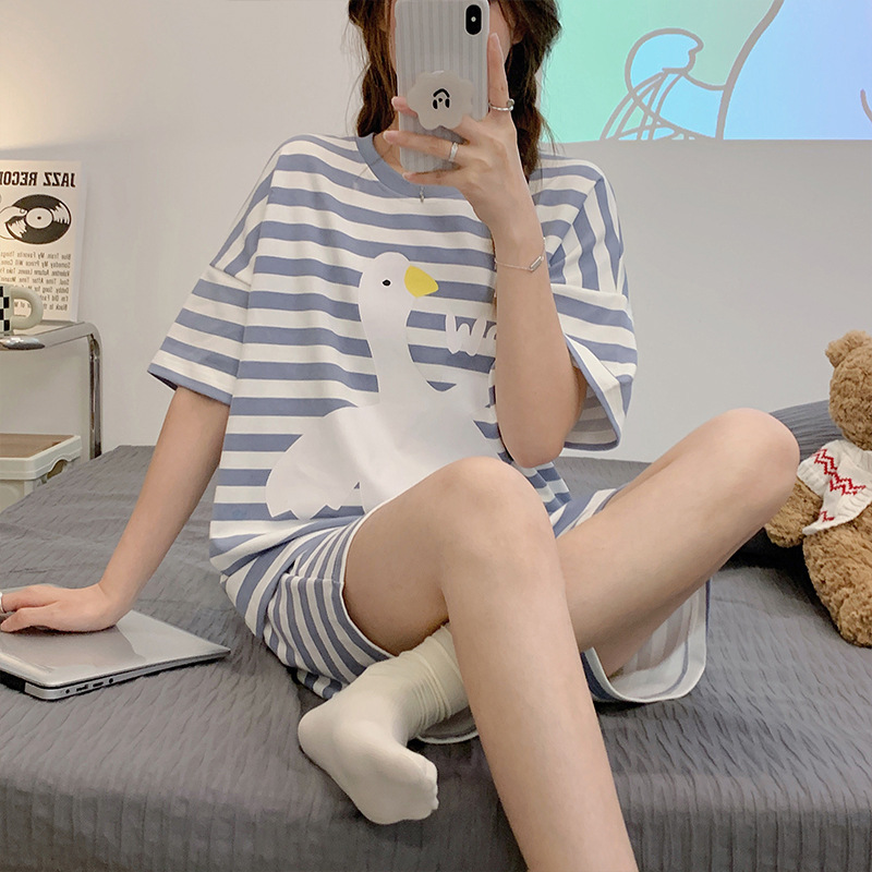 2022 New Pajamas Women's Summer Thin Short-Sleeved Suit Korean Style, Cute and Sweet Home Wear Cotton Can Be Worn outside