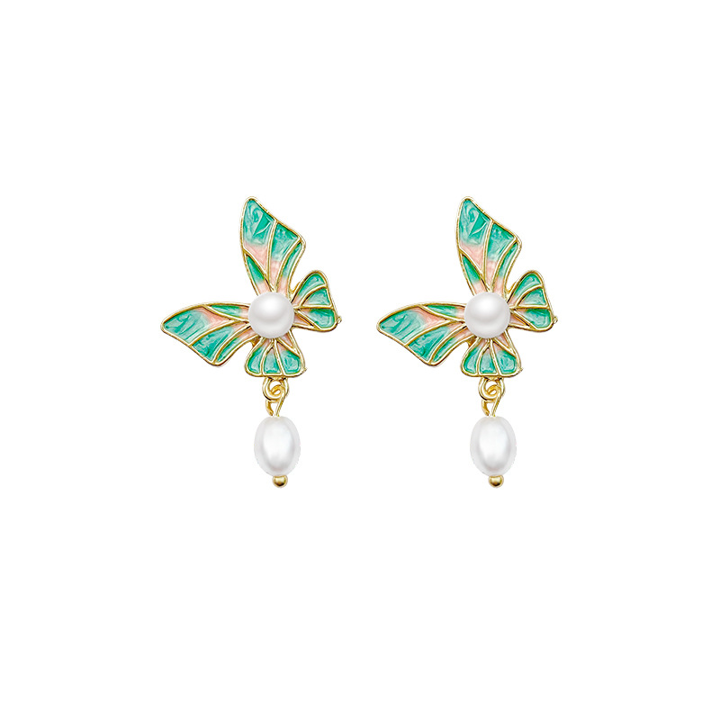 Sterling Silver Needle Retro Enamel Butterfly Pearl Earrings Women's High-Grade Earrings 2024 New Popular Ear Rings