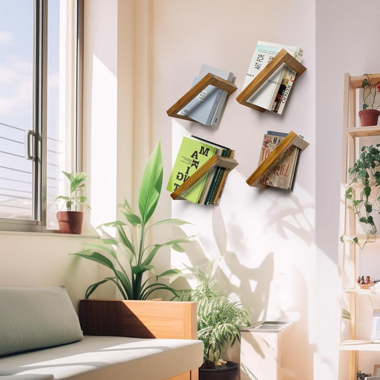 木质浮动书架乡村农舍松木棕色书架墙壁装饰整理书展示存储木架