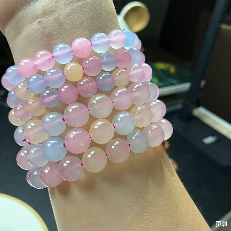摩根石手串批发 粉摩根晶透冰种糖果色石英岩圆珠手链项链直播货