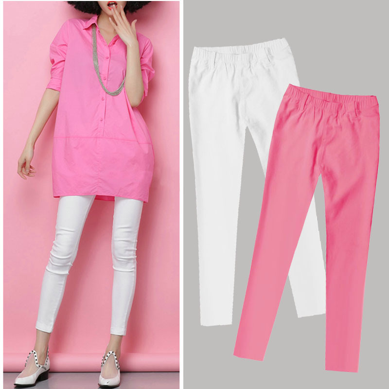 韩版春夏装修身女裤粉色九分裤女装白色休闲裤铅笔裤打底裤簿款棉