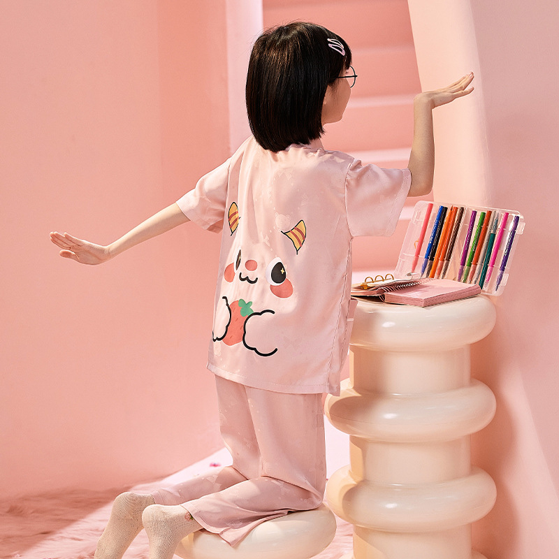 Children's Pajamas Small Girls and Teen Girls Summer Ice Silk Thin Cardigan Short Sleeve Three-Piece Set Baby Girl Air Conditioning Clothes Homewear