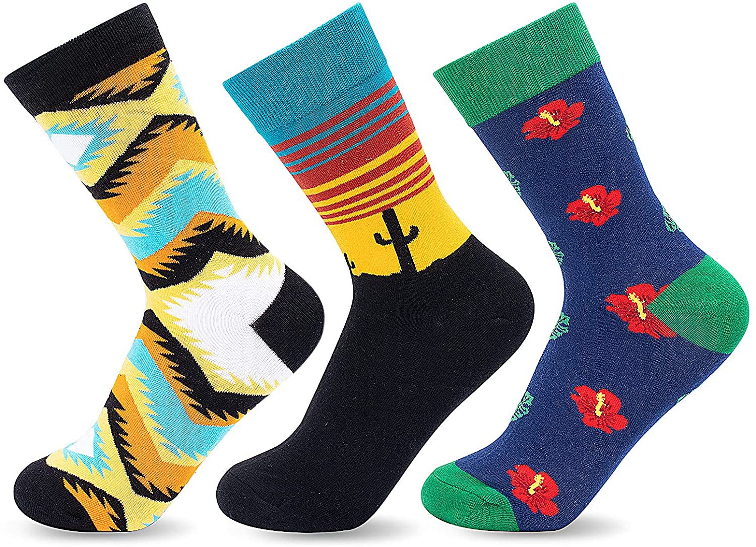 男士花袜子插画风小红花日落图案亚马逊秋季男士筒袜定制