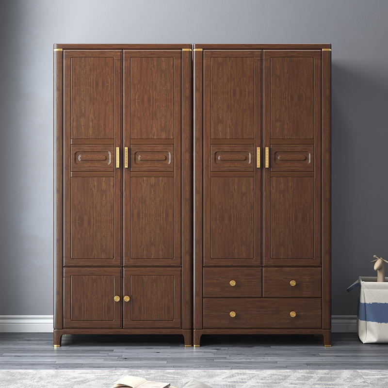 New Chinese Style Solid Wood Wardrobe Walnut Small Apartment Two Doors Four Doors Bedroom and Household Combination Wardrobe Locker