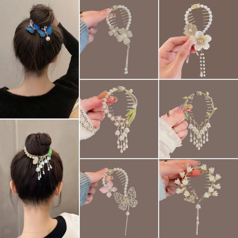 tassel pearl flowers barrettes back head updo hair claw women‘s high sense bun hair ornament 2023 new