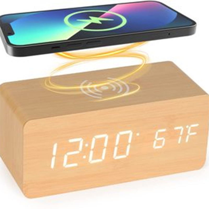 cross-border multi-function led digital electronic alarm clock desktop charging clock wireless charging digital wooden clock factory wholesale