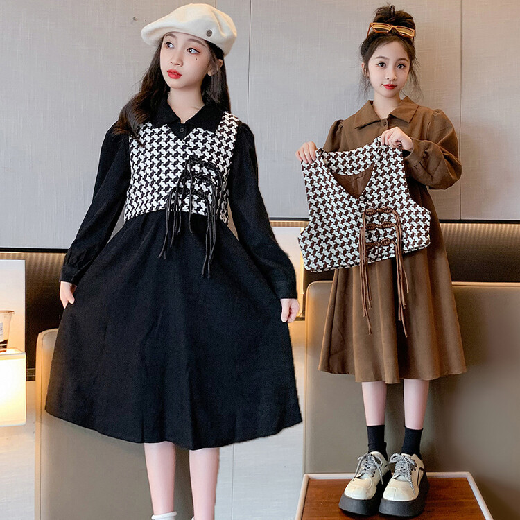 1外贸跨境代发春装新款女童格子马甲连衣裙套装长袖衬衣裙两件套