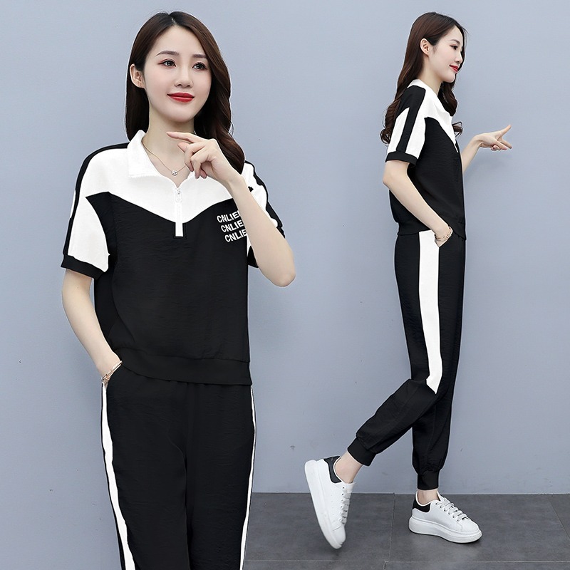 中年妈妈夏装短袖t恤2022新款中老年休闲运动服套装女春秋上衣夏