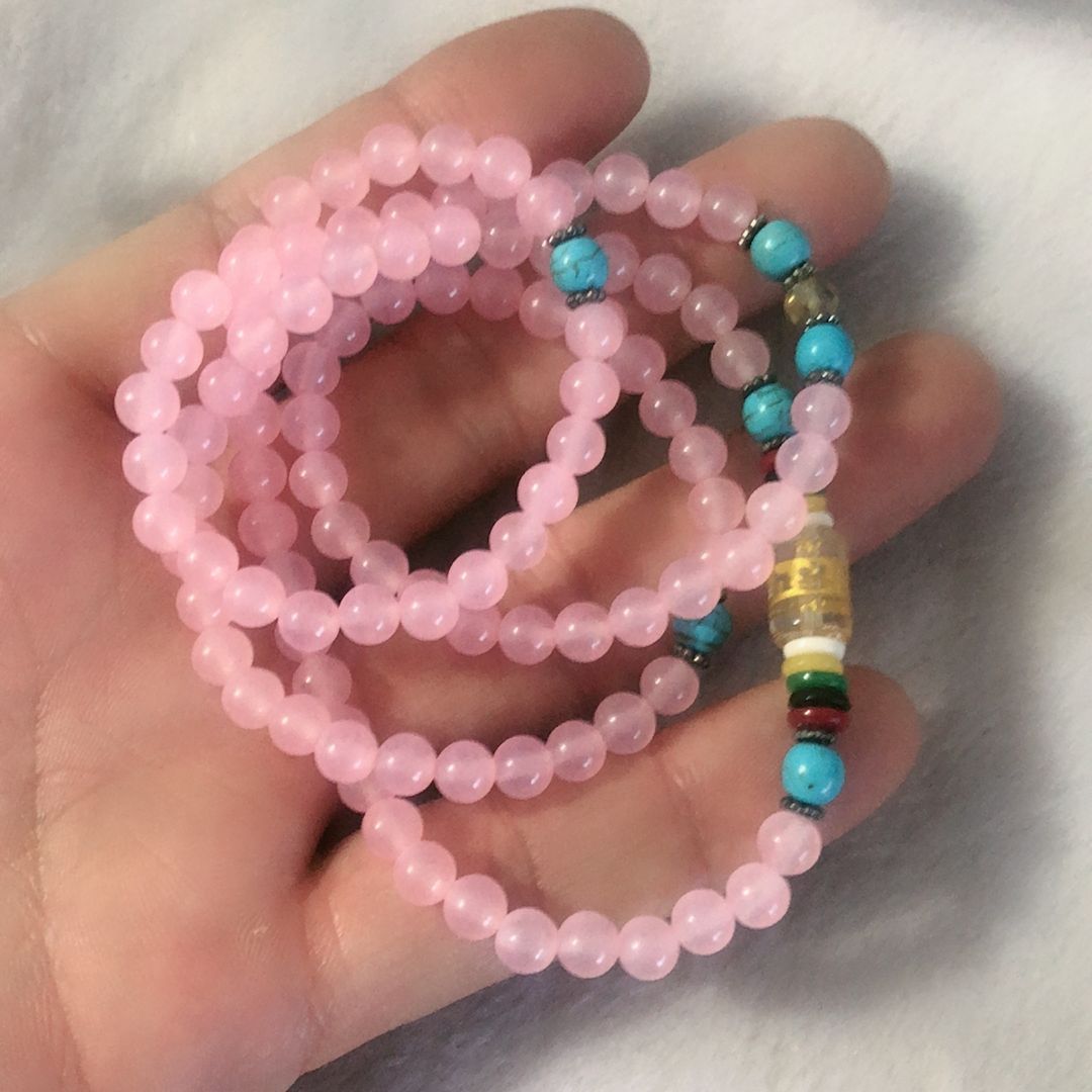 天然玉石 石英岩玉彩玉粉色108颗绕四圈手链粉色饰品时尚女款手链