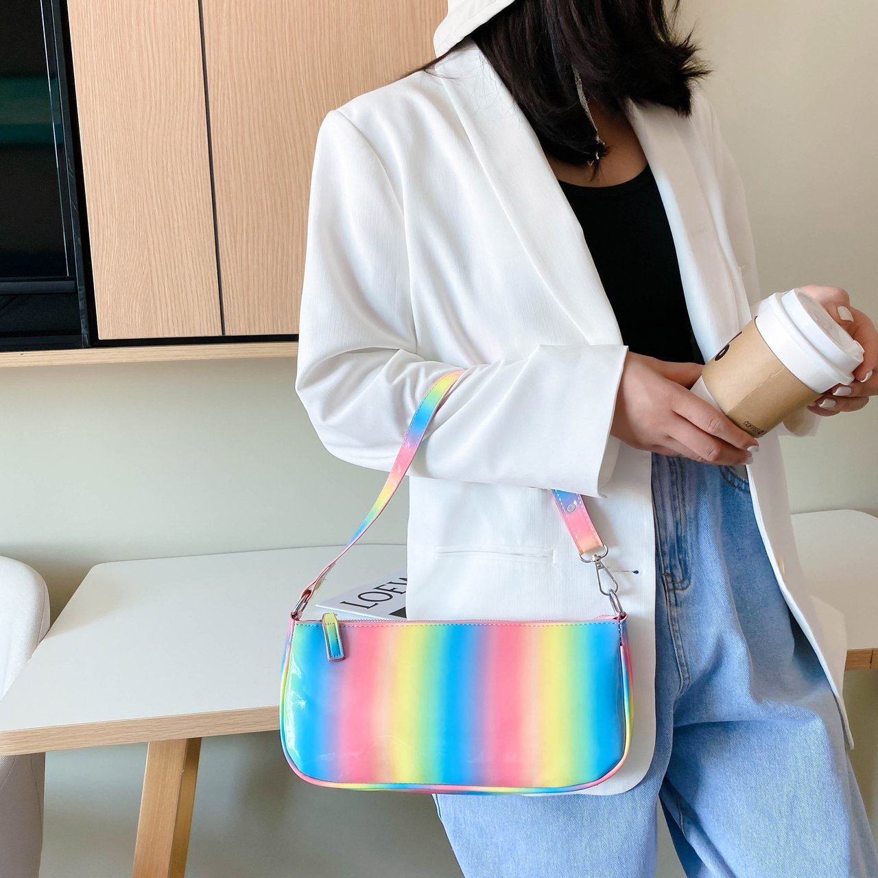 Trendy Rainbow Color Bag Portable One Shoulder Zipper Messenger Bag 2021 Autumn New Fashion Gradient Color Pu Women's Bag