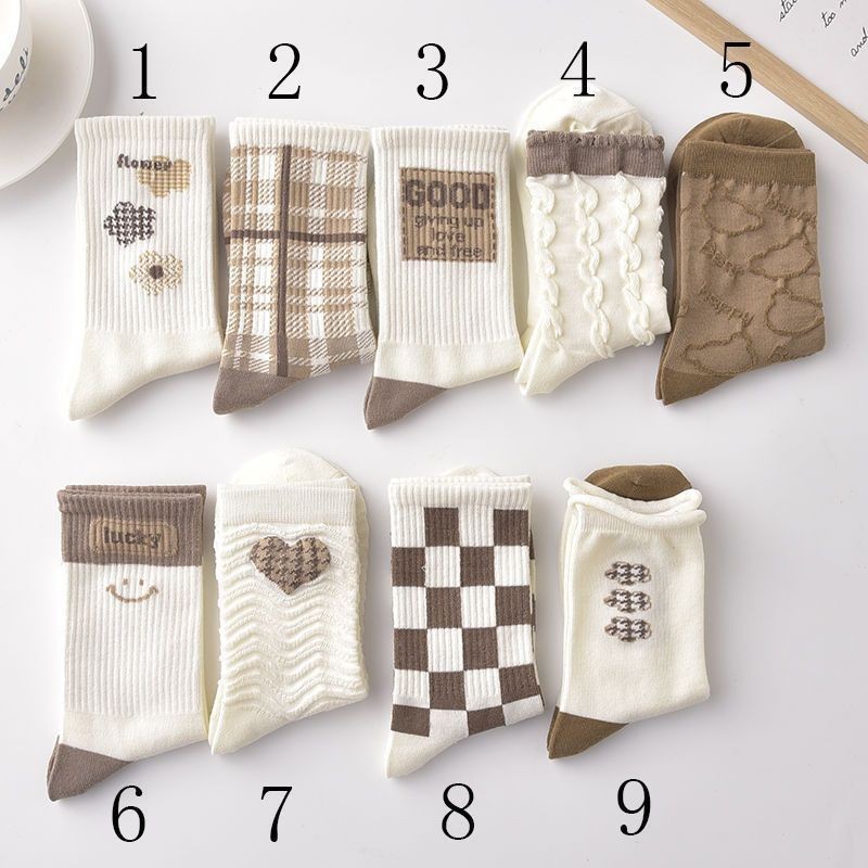 Socks Women's Mid Tube Stockings Autumn and Winter White Japanese Style Stripe Plaid Ins Trendy Students' Socks Long Socks