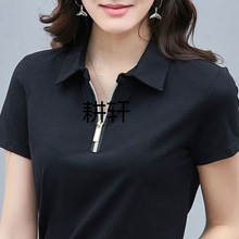 GX黑色纯棉短袖T恤女夏季新款妈妈装宽松大码正肩显瘦POLO