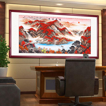 鸿运当头国画山水画风水靠山图客厅装饰画招财办公室字画带框挂画