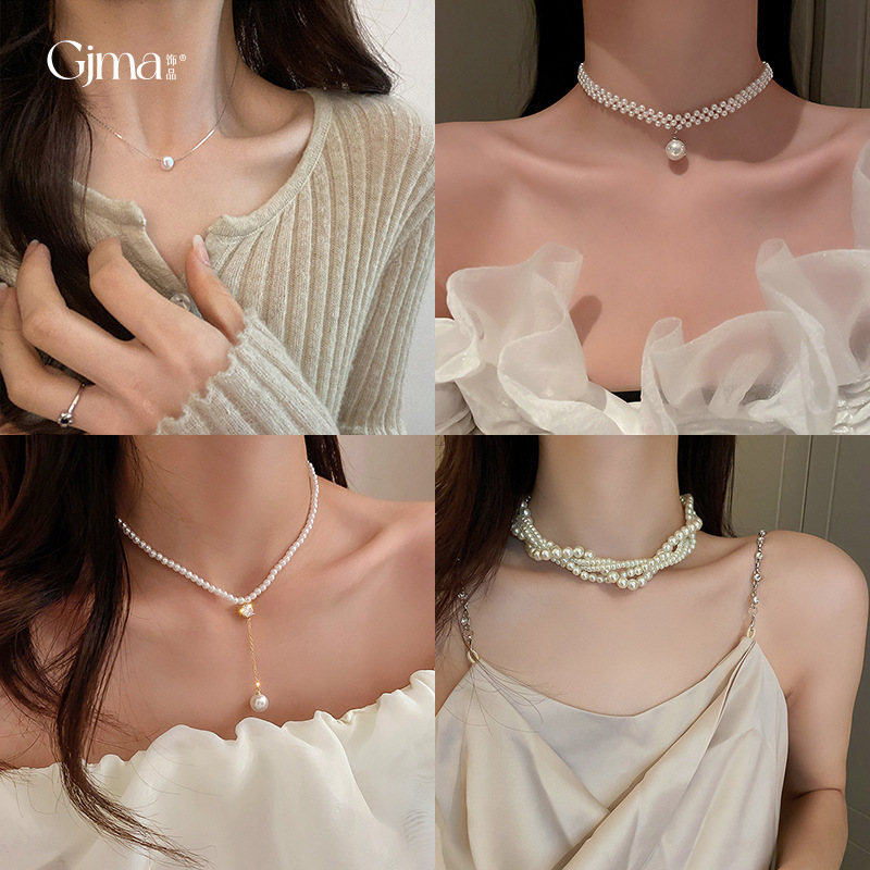 French Entry Lux Rhinestone Pearl Oval Necklace Niche Creative All-Match Clavicle Chain Graceful and Fashionable High Sense Necklace