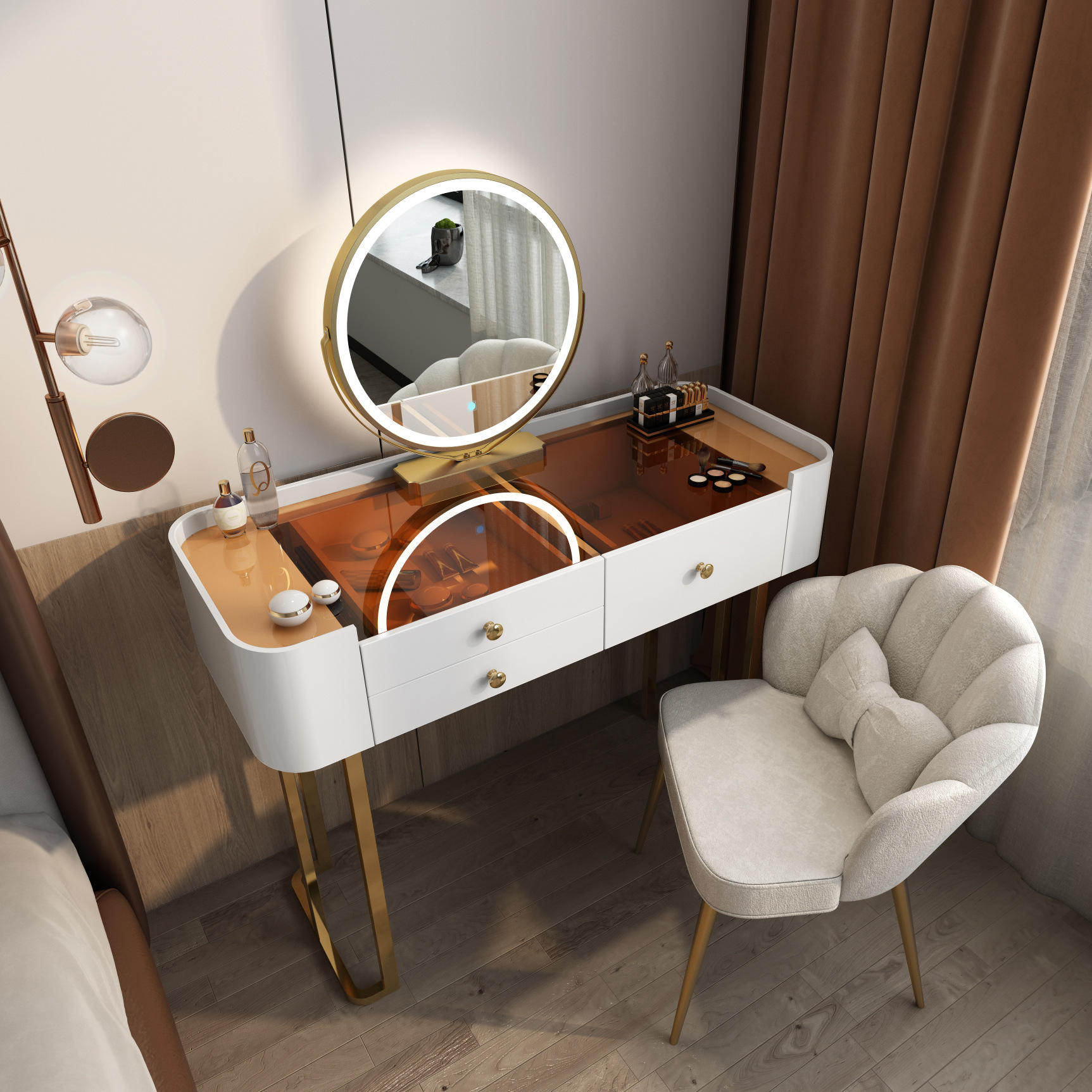 轻奢梳妆台卧室迷你简约现代化妆桌网红ins风化妆台 钢化玻璃妆桌