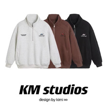 KM studios 春季新款重磅刺绣半拉链潮牌宽松休闲时尚立领卫衣