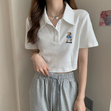 实拍2021夏装新款韩版个性短款POLO领原宿BF卡通印花短袖T恤女装