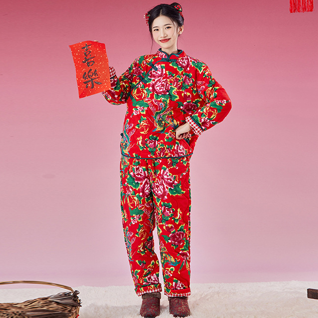 农村花棉袄女东北大棉袄棉服大花袄棉衣棉裤套装女外穿冬季中国风
