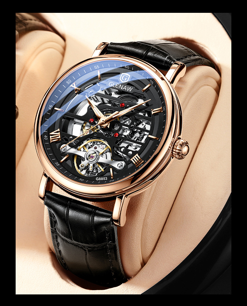 包邮格伦皮带防水机械表时尚全自动镂空机械男士手表直供男表批发
