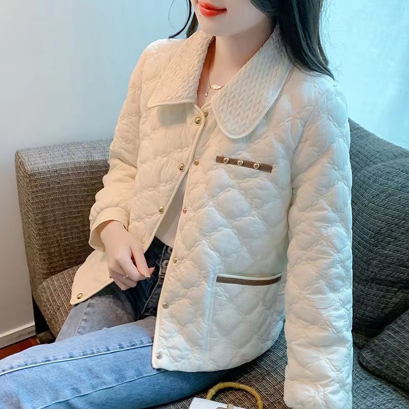 白色小香风棉衣外套女冬季2025年新款小个子轻薄夹棉菱格棉服棉袄