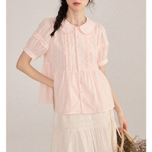 桔粉色压褶衬衫女夏季新款法式复古娃娃领短袖上衣2024女装设计感